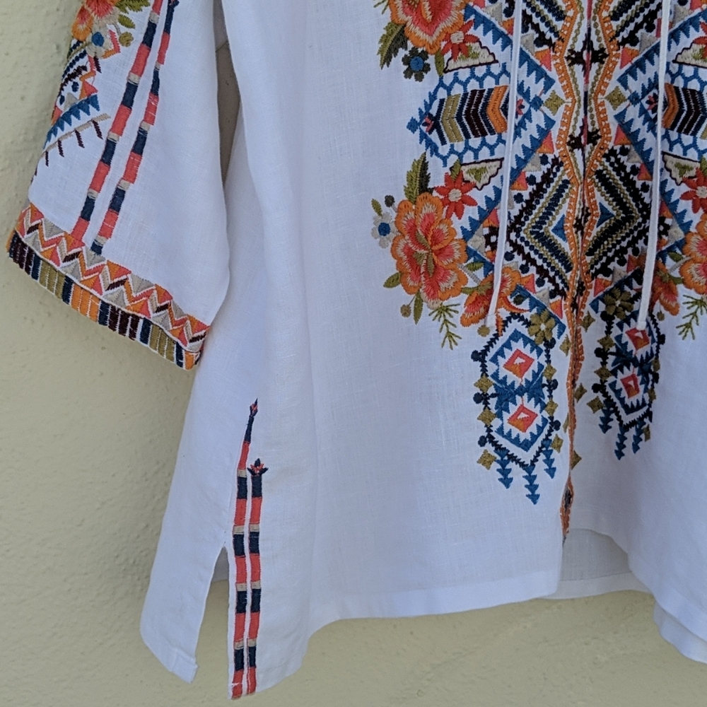 Johnny Was White Blouse with Orange Floral Embroidery - Picture 6 of 13